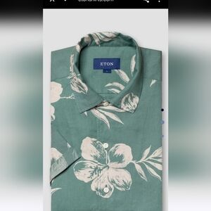 ETON- Green Hibiscus Print Linen Resort Shirt – Short Sleeve size XL